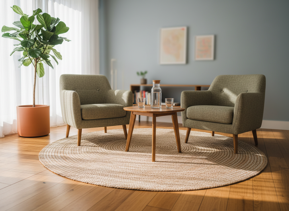 A neatly arranged therapy space designed for Gestalt practice, featuring two contemporary fabric armchairs facing each other with a low wooden table between them holding a glass carafe of water and two simple tumblers. The room has warm wooden flooring, a textured natural fiber rug, and a tall leafy plant in the corner. Soft late-afternoon natural light filters through sheer white curtains, creating gentle shadows and a calm, grounded atmosphere. Shot at eye level with photographic realism, using a shallow depth of field that keeps the chairs sharply in focus while the background softly blurs, evoking a safe, professional, and inviting environment for inner exploration.