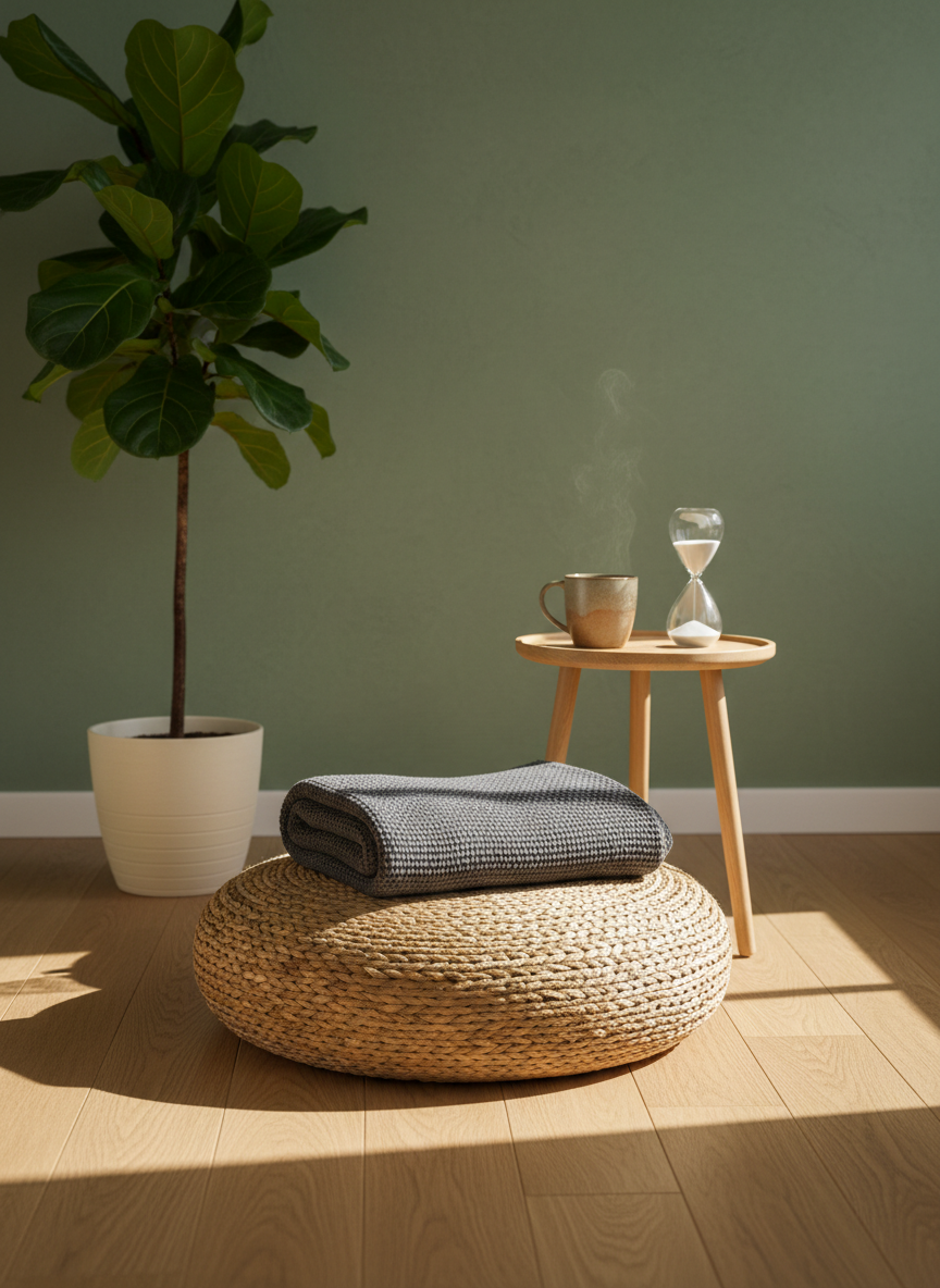 An inviting corner of a therapy room dedicated to grounding and awareness, featuring a thick, natural-colored woven floor cushion on a light wooden floor, with a folded soft gray blanket placed neatly on top. A small, round wooden side table holds a ceramic cup of herbal tea and a minimalist sand timer. A large plant with broad green leaves stands nearby, and a textured wall in a muted tone forms the backdrop. Diffused daylight from an unseen window gently illuminates the space, casting soft shadows. Captured in photographic realism from a slightly elevated angle, the scene feels warm, professional, and centered on presence and self-connection.