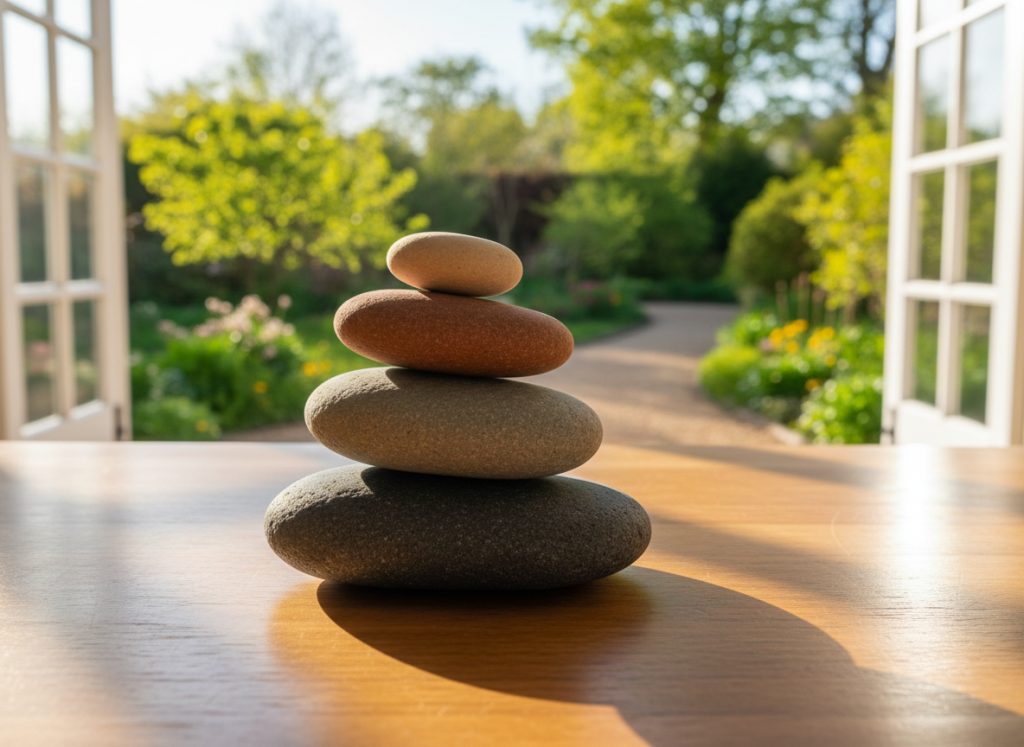 A symbolic representation of personal growth in Gestalt therapy: a small, carefully stacked arrangement of smooth stones on a natural wooden surface, each stone a different earthy tone, increasing in size from top to bottom. Behind them, a large window opens onto a blurred view of a lush garden with new spring leaves and a winding path. Gentle golden-hour sunlight bathes the scene, creating a soft glow and long, peaceful shadows. Photographed at a low angle with the stones in sharp focus and the garden softly blurred, the composition follows the rule of thirds, conveying stability, awareness, and the gradual integration of life experiences.