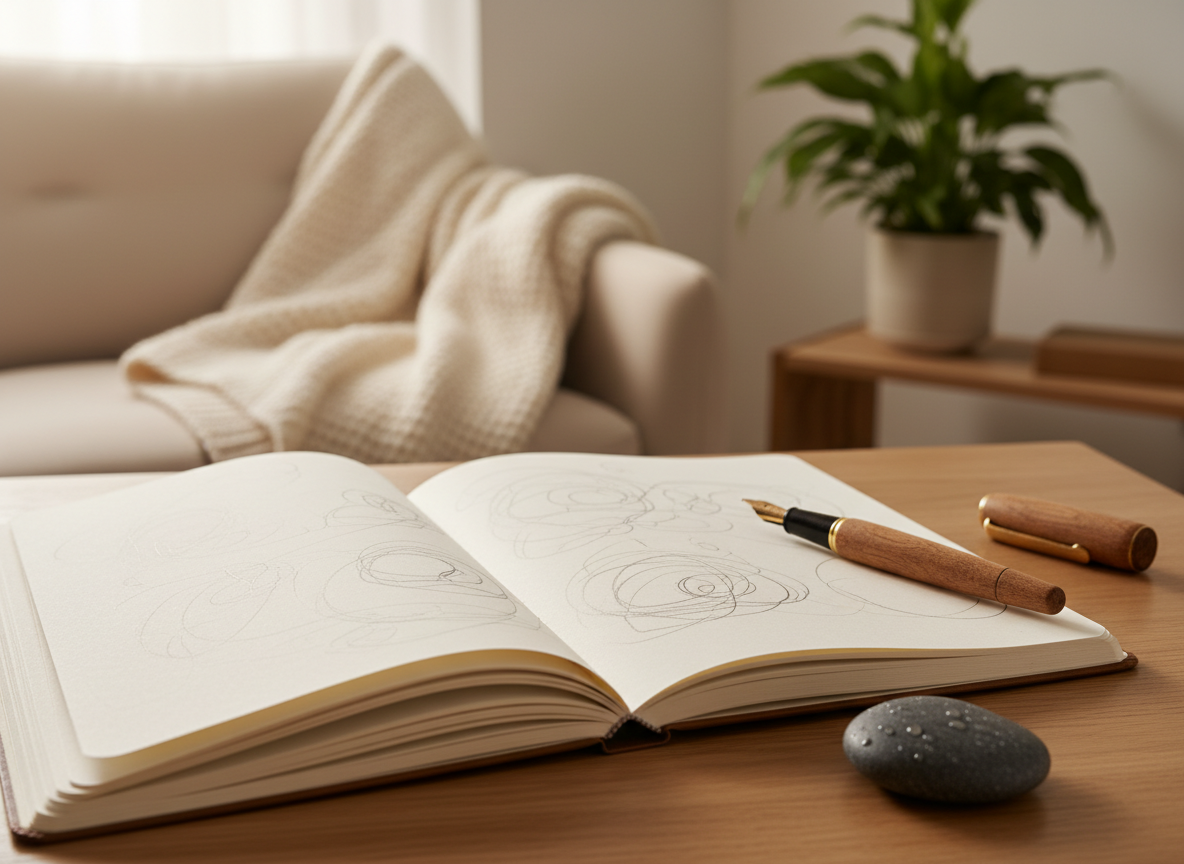 A close-up of an open, cream-colored notebook resting on a smooth oak desk, its pages filled with faint, abstract lines suggesting personal reflection without readable text. Beside it lies a finely crafted wooden fountain pen and a small smooth river stone, slightly wet to emphasize texture. In the background, out of focus, a cotton throw and a plant on a low shelf hint at a cozy therapy room. Soft morning light pours in from the left, creating delicate highlights on the paper’s texture. Captured from a slightly elevated angle with photographic realism, the mood is introspective, calm, and supportive of therapeutic self-discovery.